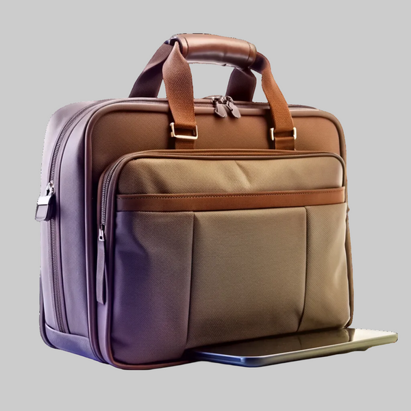 Brown and purple briefcase with a laptop compartment on a white background