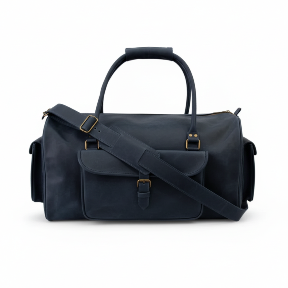 Navy Leather Duffel Bag -- Premium Men's Travel & Gym Holdall