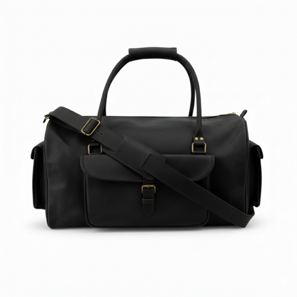 Black Leather Duffel Bag -- Premium Men's Travel & Gym Holdall