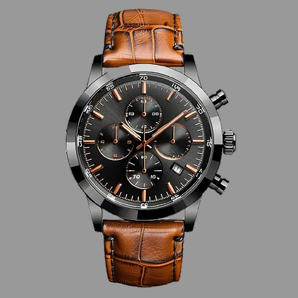 Luxury watch with brown leather strap and black dial on a white background