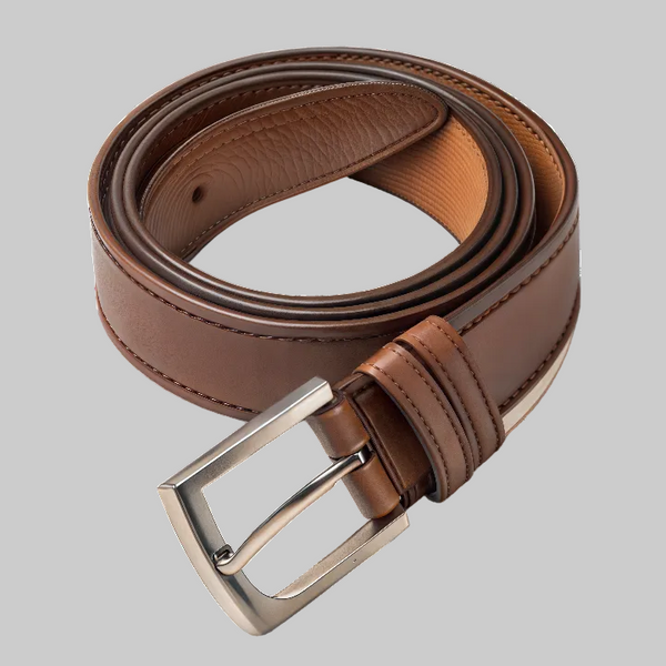 Brown leather belt with a silver buckle on a white background